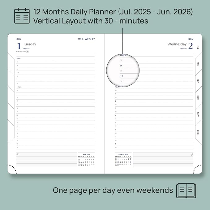 POPRUN Daily Planner 2025-2026 One Page per Day, (A5 Size 5.75" x 8.5") Academic Calendar (July25- June26) Hourly Appointment Book with Vegan Leather Hardcover, Monthly Tabs & Pocket - Cornflower