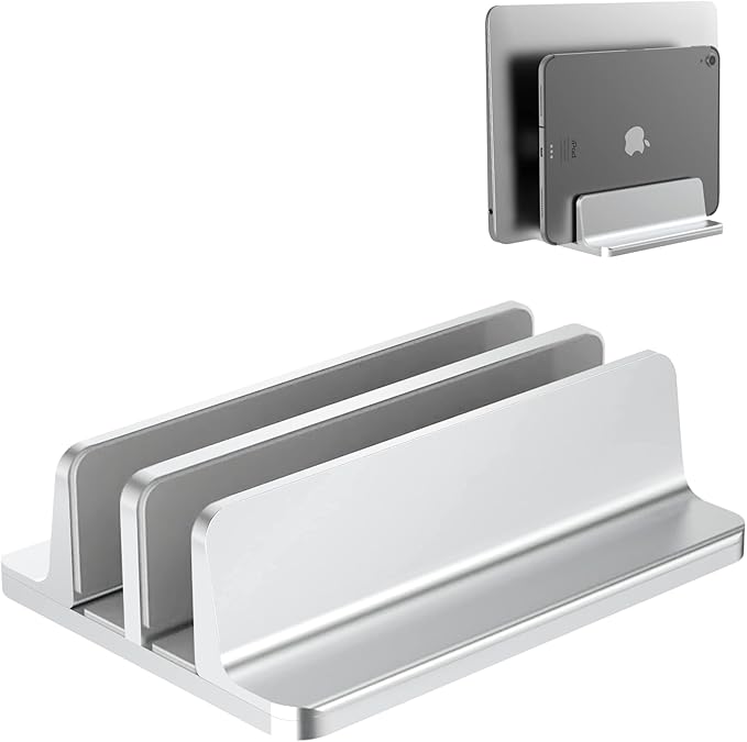 New Vertical Laptop Stand, Adjustable 2 Slot Aluminum Desktop Holde(Up to 17.3 inch), Fits All MacBook/Microsoft Surface/HP/Dell/ChromeBook/iPad and Gaming Laptops (Silver)