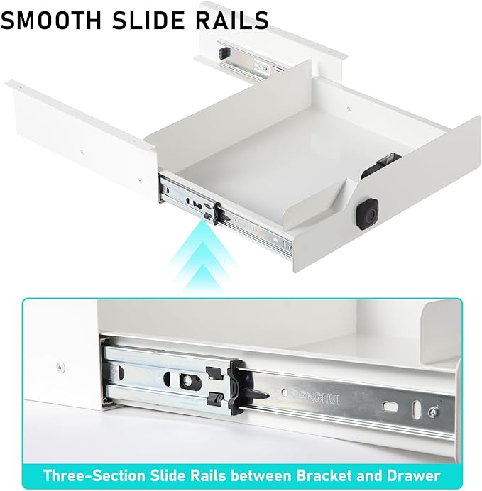 Under Desk Drawer with Lock Fingerprint, 16" W x 11.8" D x 6.3" H, Lockable Under Desk Slide Out Drawer, White