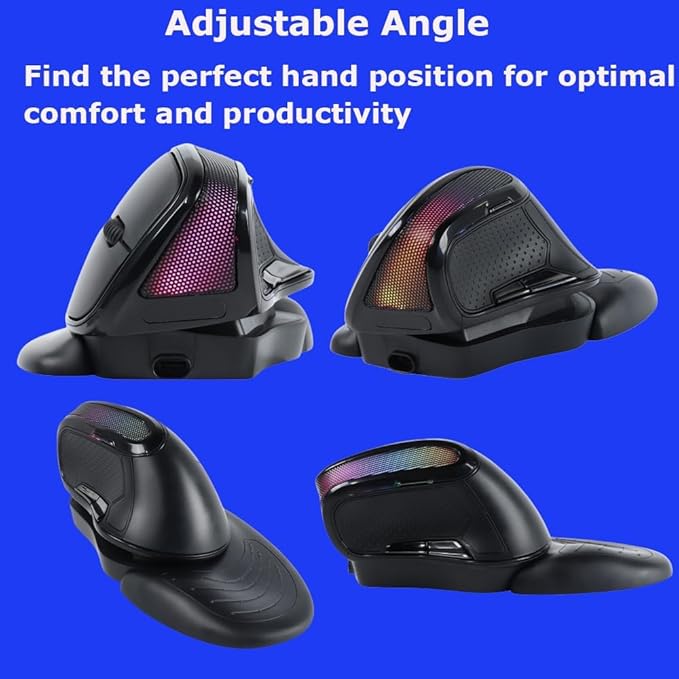 Wireless Mouse Large Angle Adjustable Ergonomic Vertical Upright Carpal Tunnel Ergo Right Hand 6 buttons USB Optical Mice for PC Laptop Computer Macbook Gift,3600 DPI,Removable Palm Rest,RGB Light