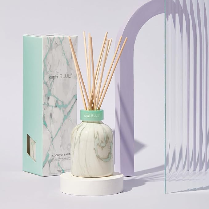Capri Blue Modern Marble Reed Diffuser Set - Includes Reed Diffuser Sticks, Scented Oil & Glass Bottle - Luxury Scents for Bedroom Decor & Bathroom Air Freshener - Coconut Santal (5.7 fl oz)