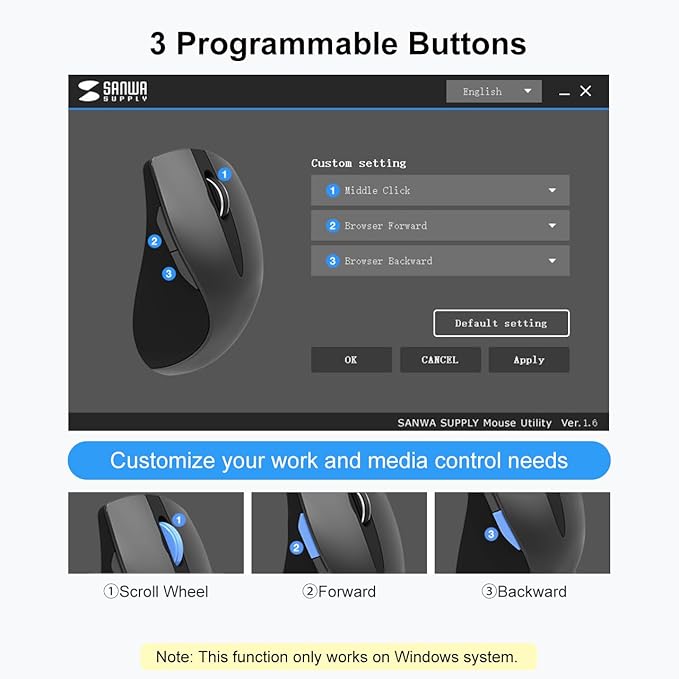 SANWA Bluetooth Ergonomic Mouse, Silent Click Wireless Ergo Vertical Mice, 3 Programmable Buttons, Reduce Wrist Pain, 800/1200/1600 DPI, Compatible with Mac, Laptop, Windows, Tablet, Phone