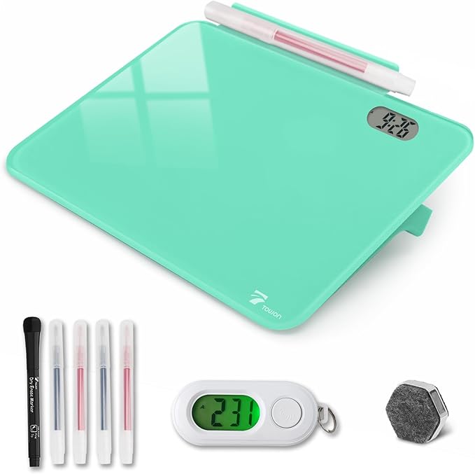 Small Glass Desk Whiteboard Dry-Erase Board with Clock, Small Travel Clock Keychain with Desk Notepad, Time Table Whiteboard for Desk Digital LED Light Display, 8x6 in with Accessories, Turquoise