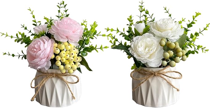 Faux Flowers with Vase, 2pcs Small White Artificial Flowers Arrangement, Potted Plants,Decoration for Bathroom Home Party Office Desk Wedding,Coffee Table Decor (White/Pink)