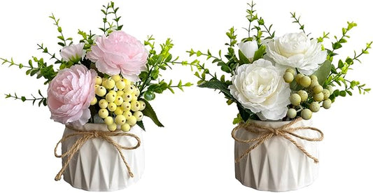 Faux Flowers with Vase, 2pcs Small White Artificial Flowers Arrangement, Potted Plants,Decoration for Bathroom Home Party Office Desk Wedding,Coffee Table Decor (White/Pink)