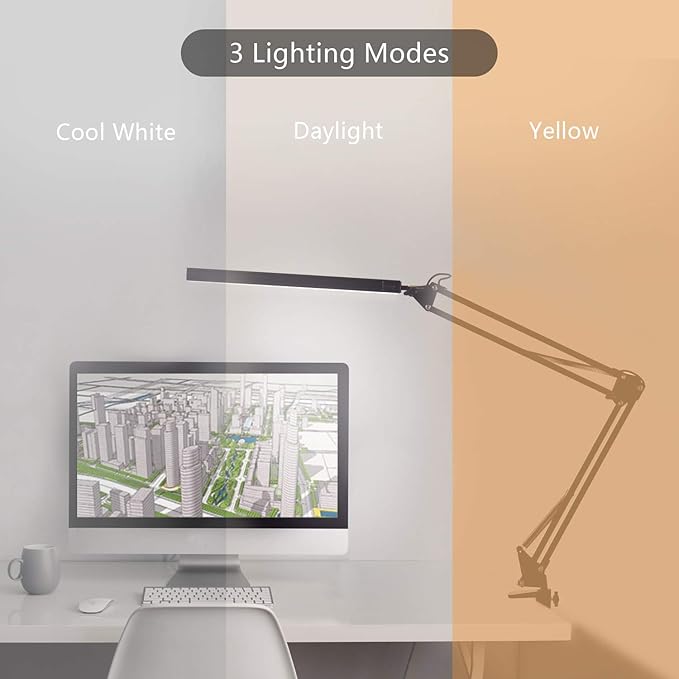 LED Architect Desk Lamp, Metal Swing Arm Dimmable Task Lamp, Eye Care Table Lamp with Clamp (3 Color Modes, 10-Level Dimmer, Memory Function) Highly Adjustable Office, Craft, Workbench Light
