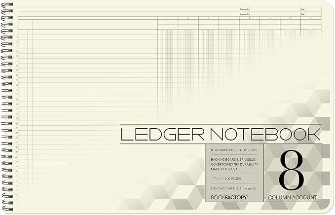 BookFactory Accounting Ledger Notebook/Large 8 Column Accounting Ledger Columnar (Eight Columns) Log Book - 17'' x 11'', 100 Pages, Wire-O Landscape Format (LED-100-CLCW-PP(17x11-Ledger-8)-AX)