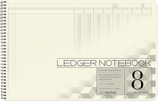 BookFactory Accounting Ledger Notebook/Large 8 Column Accounting Ledger Columnar (Eight Columns) Log Book - 17'' x 11'', 100 Pages, Wire-O Landscape Format (LED-100-CLCW-PP(17x11-Ledger-8)-AX)