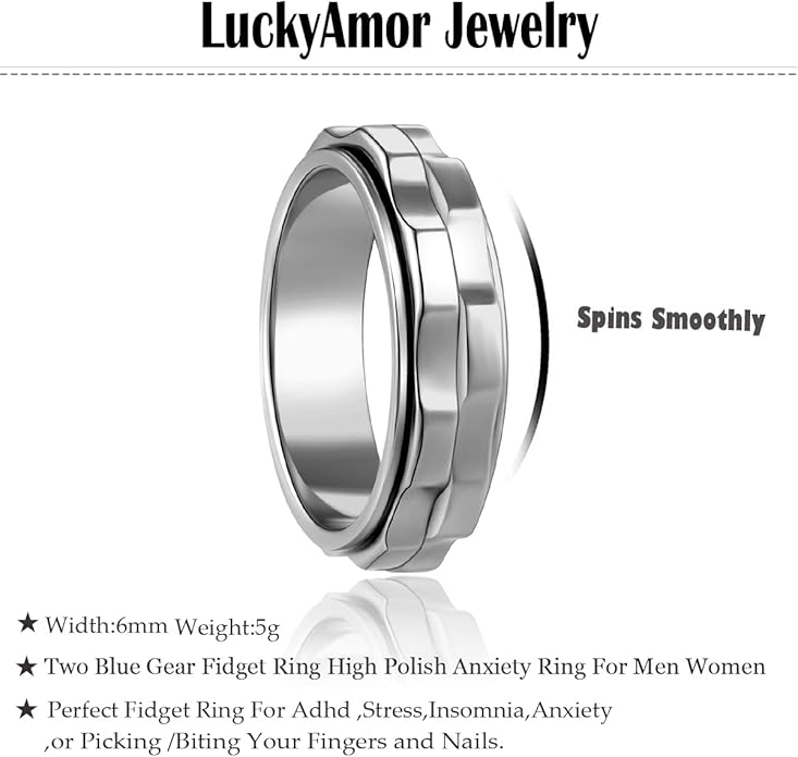 Fidget Rings For Anxiety For Women, Spinning Anxiety Ring Stainless Steel Fidgets Two Gear Fidget Ring High Polish Anxiety Ring for Women Men Wedding Band Gifts Jewelry Size 6-10