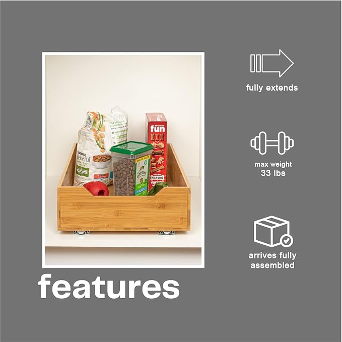 Household Essentials Glidez Bamboo and Steel 1-Tier Pull-Out/Slide-Out Storage Organizer, 14" Wide, Natural