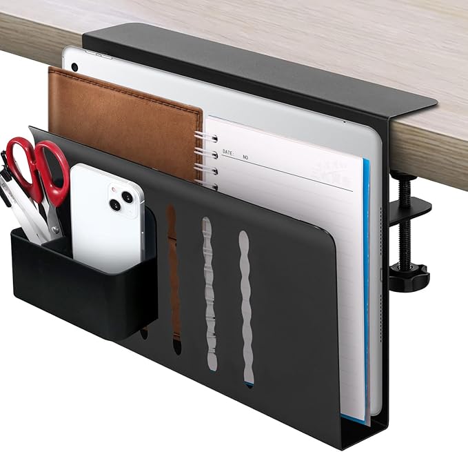 Under Desk Laptop Holder, Desk Side Storage with Anti-Scratch Pad & Magnetic Pen Holder, Clamp on Table Organizer for Office Home Fits Flat Edge Table 0.3" to 2.3"