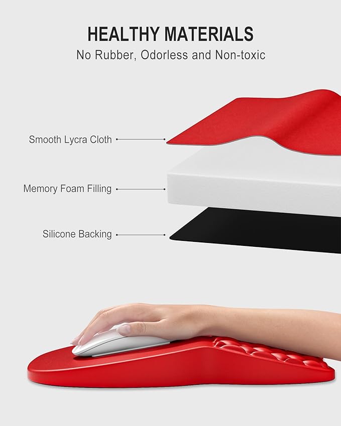 Auhoahsil Ergonomic Mouse Pad with Wrist Rest, Comfortable Slope Computer Mouse Mat with Wrist Support, Memory Foam Filling, Non-Slip Silicone Base, Pain Relief, for Gaming & Work, 8 x 12 in, Red