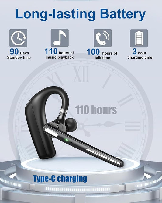 Bluetooth Headset V5.4, Wireless Bluetooth Earpiece with CVC8.0 Dual Mic Noise Cancelling 110 Hours Talktime for Cell Phone/iPhone and Android Headphones for Trucker/Driver/Business