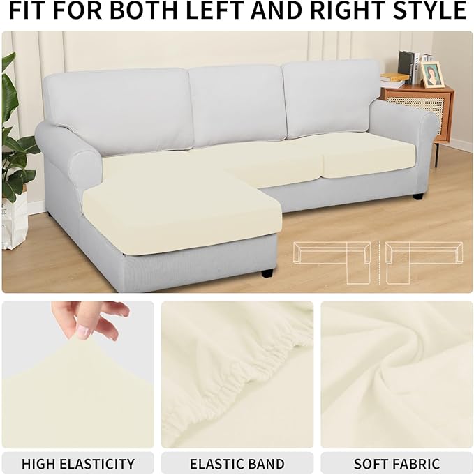 Easy-Going 100% Waterproof 3 Pieces Couch Cushion Covers for Sectional Sofa Left/Right L Shape Chaise Lounge Sofa Seat slipcover Anti-Slip Sofa Cover (2 Seater + 1 Chaise, Ivory