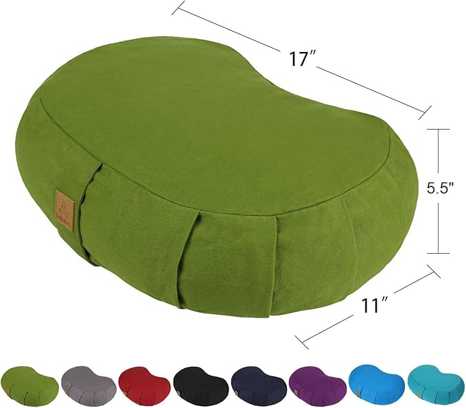 Crescent Zafu Meditation Pillow, D=17" W=11" H=5.5" Zabuton Yoga Bolster, Meditation Cushion, Floor Pouf Yoga Pillow Zippered Organic Cotton Cover Natural Buckwheat kneeling pillow - Large