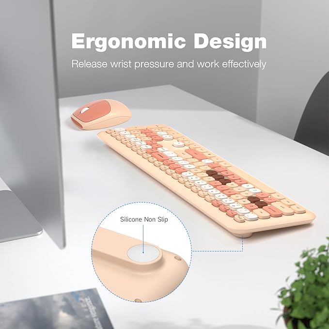 KNOWSQT Wireless Keyboard and Mouse Combo, Pale Milktea Full-Sized 2.4G Silent Keycap Colorful Keyboards, USB Dongle Plug Play, for Laptop, Windows, PC, Computer, Desktop