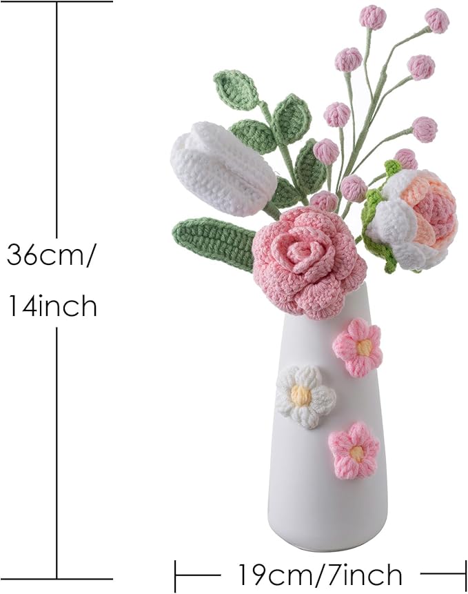 Handmade Crochet Flowers Arrangement with Vase, 14 inch Knitted Desk Decorations Centerpieces for Home Office Decor (Crochet Bouquet)