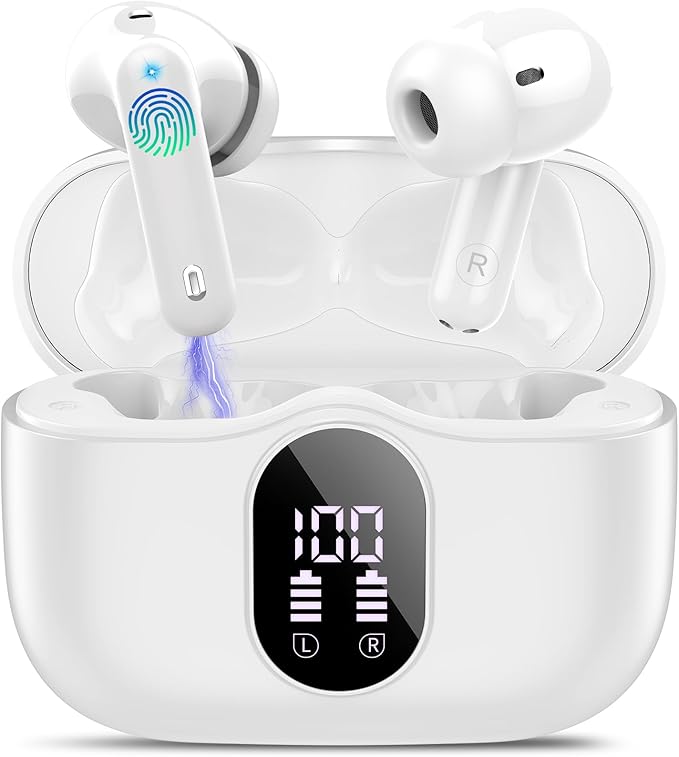 Wireless Earbuds, Bluetooth 5.4 Headphones Bass Stereo, Ear Buds with Noise Cancelling Mic, IP7 Waterproof in Ear Earphones, 36H LED Display Bluetooth Earbuds for Laptop Pad Phones Sports, White
