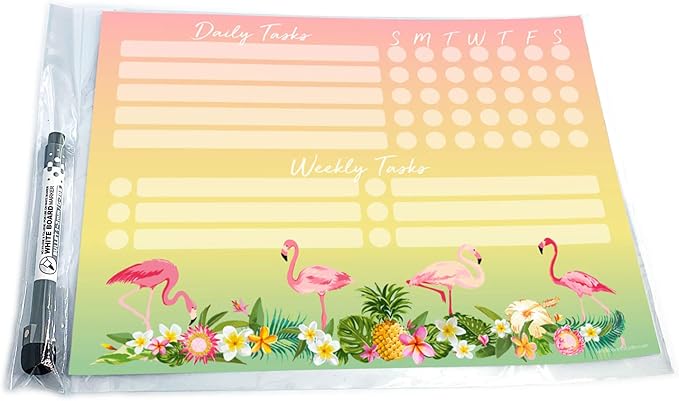 Dry Erase Whiteboard Task Planner | Removable and Restickable Adhesive Decal | Fine-Tip Magnetic Marker Included (9 x 12 inches, Tropical)