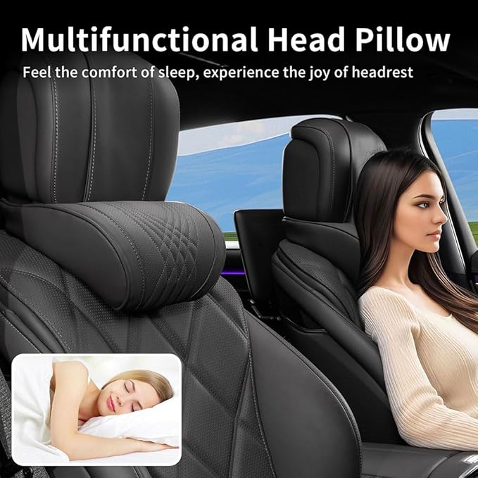 Car Headrest Memory Foam Neck Pillow for Driving with Leather Cover Soft Comfortable Seat Head Pillow Cushion for Most Cars SUV Sedan Home Office Black (1PC)