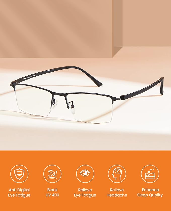 Cyxus Blue Light Glasses for Men Semi Rim Glasses Crystal Lens Rimless UV Blocking Gaming Eyeglasses Black 8003