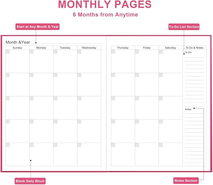 Daily & Monthly Planner for 2025 2026 or Anytime - ADHD Planner Two Pages Per Day, Daily Planner Undated to Increase Focus, Eliminate Overwhelm, Achieve Your Biggest Goals, 8.5'' × 11'', Pink