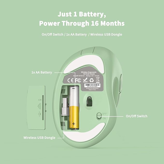 Ergonomic Wireless Mouse with USB Receiver for PC Computer, Laptop and Desktop, Ergo Vertical Mouse with Silent Clicks Long Battery Life, Up to 1600 DPI & 1 AA Battery Powered, Green