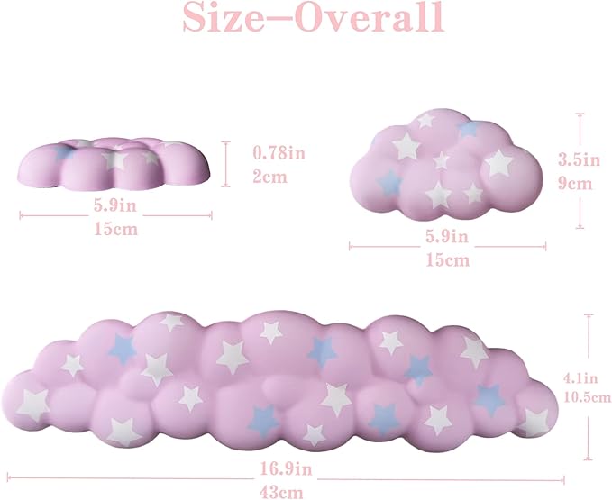 Cloud Wrist Rest Set for Keyboard and Mouse, Includes Cute Coaster, with Computers and Laptops (Pink Colorful Star Set)