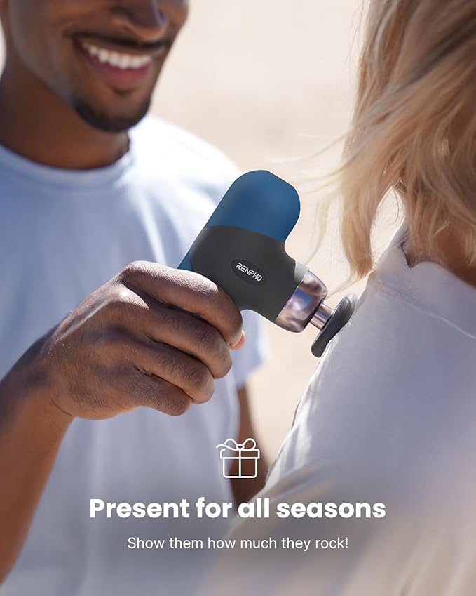 RENPHO Mini Thermal Massage Gun with Heat, Portable Deep Tissue Percussion Massager, Color Silicone Sleeves Travel Size with Carry Case, Aegean Blue