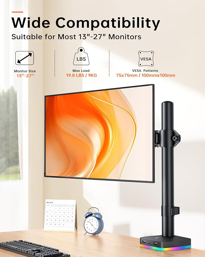 RGB Single Monitor Stand, Monitor Desk Mount Arm up to 17.6lbs Desk Mount with RGB Light Adjustable Heights Angles Arm with RGB USB & USB-C High Speed Data Transfer C-Clamp 75x75/100x100 VESA