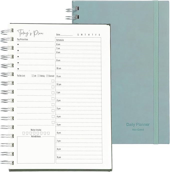 PATIKIL Undated Daily Planner with Hourly Schedule, A5 5.5"x 8.5" To-Do List Hard Cover Spiral Notebook Appointments Planner with Inner Pocket to Organize Daily Tasks Agendas, Haze Blue