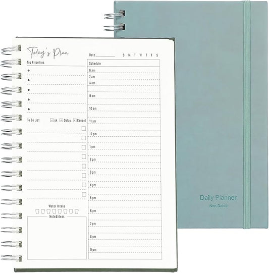 PATIKIL Undated Daily Planner with Hourly Schedule, A5 5.5"x 8.5" To-Do List Hard Cover Spiral Notebook Appointments Planner with Inner Pocket to Organize Daily Tasks Agendas, Haze Blue