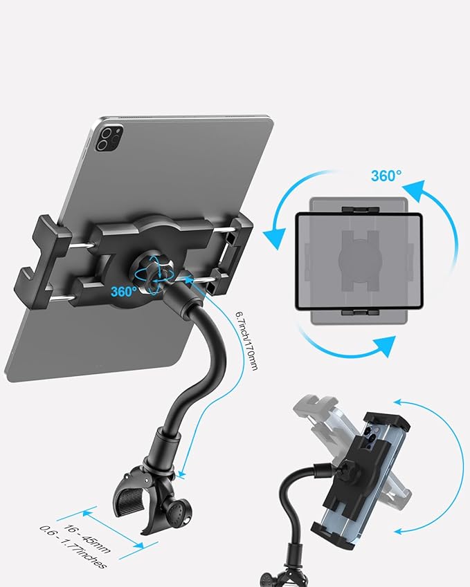 Gooseneck iPad Holder for Stroller, Adjustable Phone Tablet Holder Mount Pole Clamp for Baby Stroller, Shopping Cart, Indoor Cycling, Fit for iPad Pro/Mini/Air, iPhones, Galaxy Tab, 4.7-13" Devices