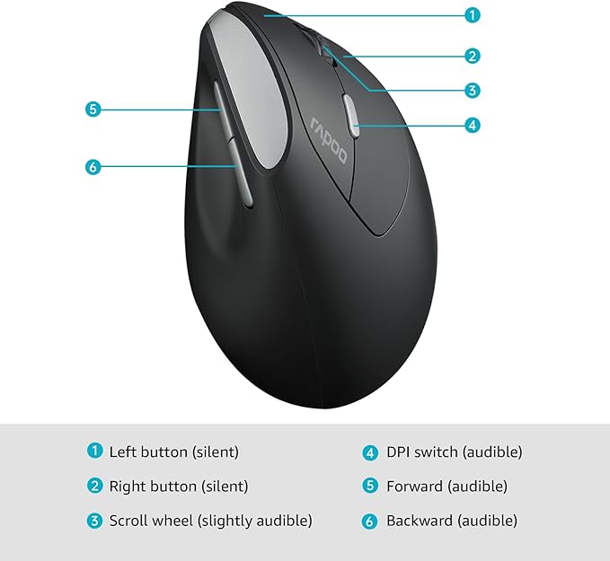 Rapoo EV250 Silent Vertical Ergonomic Mouse, 2.4G Wireless Optical Mouse, 800/1000/1200/1600 DPI, Quiet Clicks, 5 Buttons, Compatible with Windows/Mac OS/iPad OS, Laptop, PC - Black