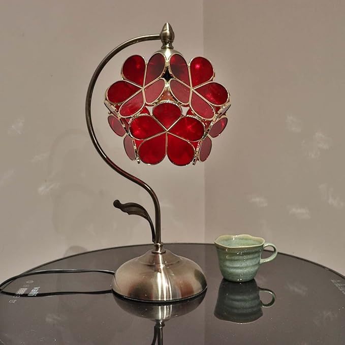 Bieye L10874 Tiffany Style Stained Glass Flower Petal Table Lamp with Brass Base for Home Décor (Red, 8" Cherry Blossom)