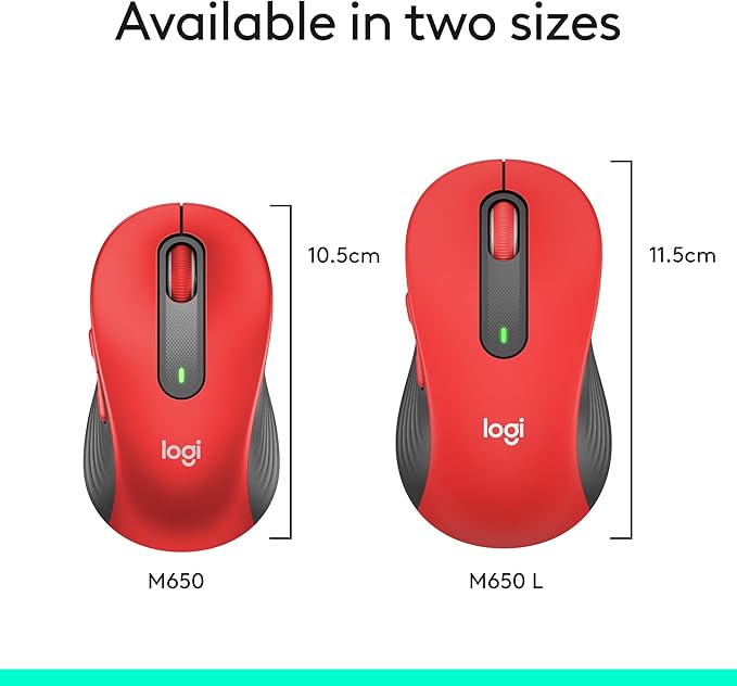 Logitech Wireless Mouse Signature M650 L Full Size - Large Hands, 2-Year Battery, Silent Clicks, Customizable Buttons, Bluetooth, PC/Mac/Chromebook - Classic Red, Right-Handed, Large