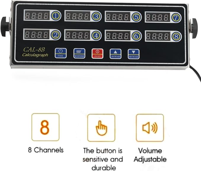 8-Channel Digital Kitchen Timer, Stainless Steel Commercial Restaurant Timer with Adjustable Loud Alarm & Waterproof Keypad for Home Restaurant Kitchen