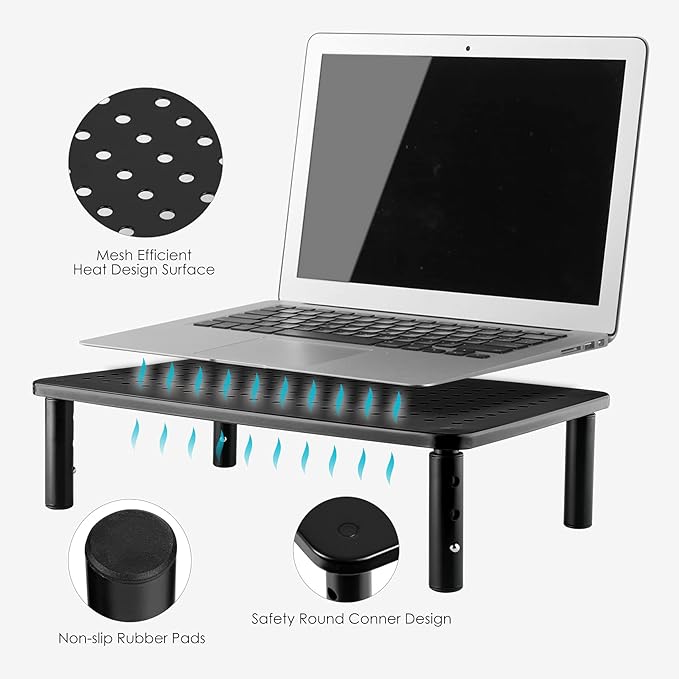 TV/Monitor Riser Desktop Stand, Flat Screen, Sturdy Metal Laptop Computer Shelf for Printer, iMac, 3 Height Adjustable PC with Mesh Platform , 2 Pack