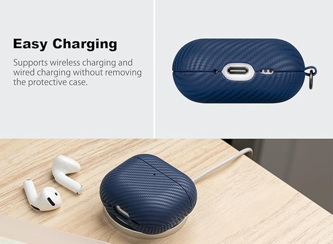 Leather Case for AirPods 4 / AirPods 4 with Active Noise Cancellation Case Cover with Keychain - Selected Skin-Friendly Leather, Carbon Fibre Texture, Handmade Shockproof Hard Cover - Blue
