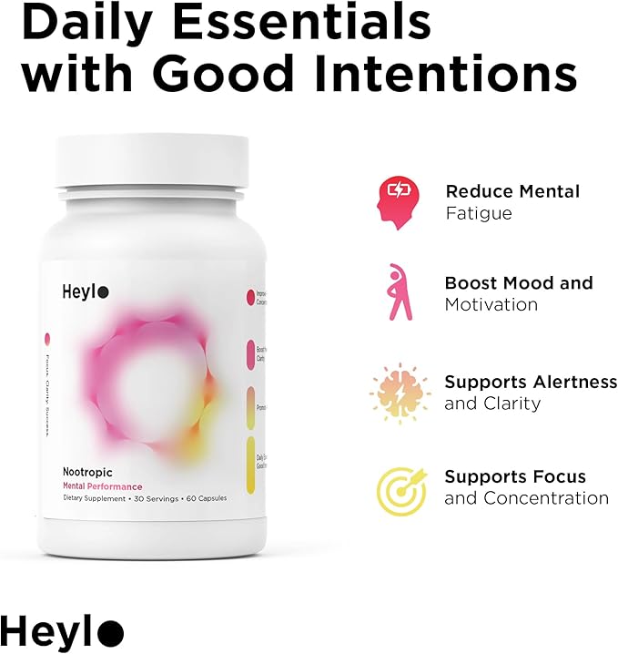 Heylo Nootropic Brain Supplement for Focus, Energy, and Memory | Cognizin® Citicoline, L-Theanine, PurCaf® Caffeine, Phosphatidylserine, B6 | 60 Capsules – Clean, Plant-Based Cognitive Support