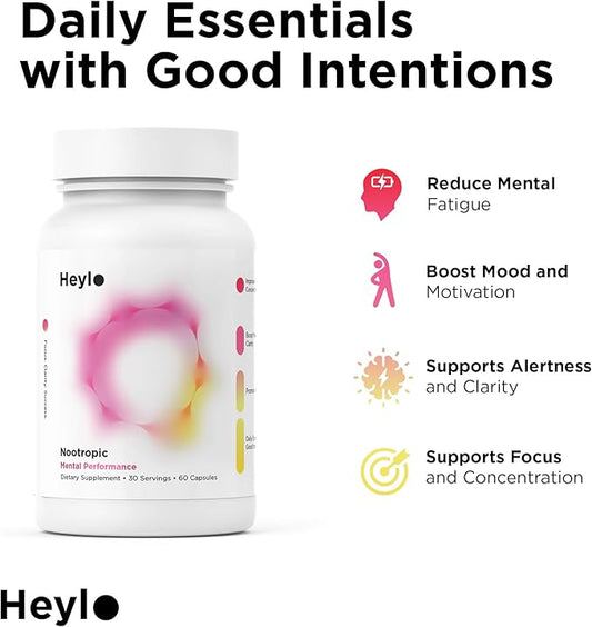 Heylo Nootropic Brain Supplement for Focus, Energy, and Memory | Cognizin® Citicoline, L-Theanine, PurCaf® Caffeine, Phosphatidylserine, B6 | 60 Capsules – Clean, Plant-Based Cognitive Support