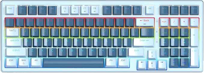 HUO JI 96% Wireless Mechanical Keyboard, Hot Swappable, Pre-lubed Blue Switches, Gasket Structure, Bluetooth/2.4GHz/USB-C, Led Backlit Sidelit, Custom Gaming Keyboard for PC (Blue)