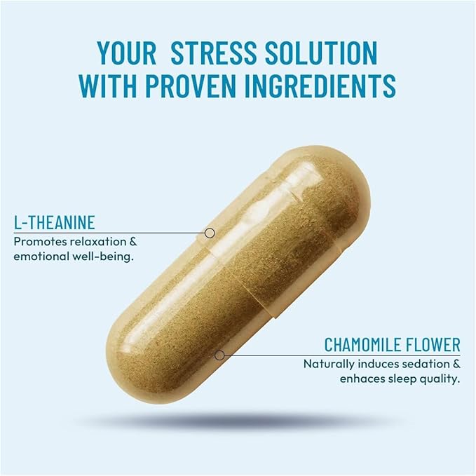 Stress Relief Supplement - Supports Mood & Mental Focus - Feel Calm and Relaxed - Eases Tension & Nervousness - Ashwagandha, GABA, Valerian & L-Theanine - 60 Capsules (Pack of 2)