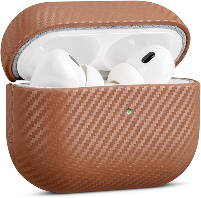 Leather Case - for AirPods Pro 2 Case Cover - Selected Skin-Friendly Leather, with Carbon Fibre Texture, Handmade Drop Protective Hard Cover for AirPods Pro 2nd Generation Earbuds - Brown