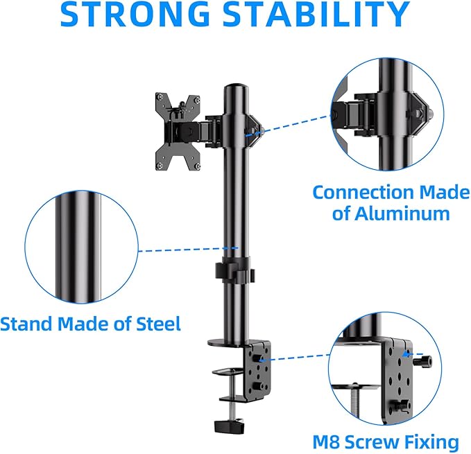 H&C(hcck&Cllassp) Single Monitor Stand for 13-27" Monitors up to 17.6lbs, Adjustable Heights and Angles Monitor Arm, Desk Mount Stand with C-Clamp, VESA 75x75mm or 100x100mm, Black