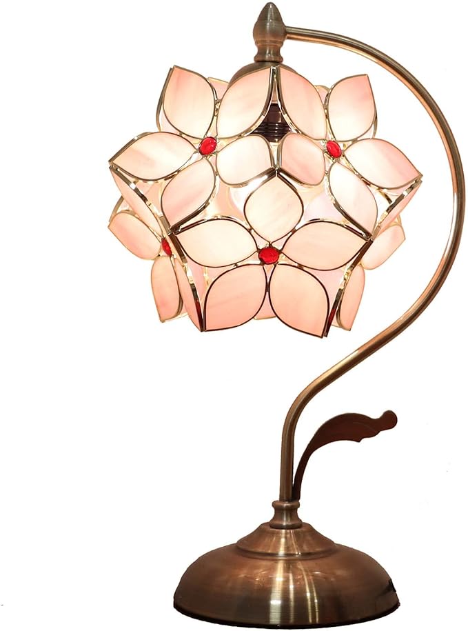 Bieye L10832 Tiffany Style Stained Glass Flower Petal Table Lamp with Brass Base for Home Décor (Pink, 8" Apple Blossom)