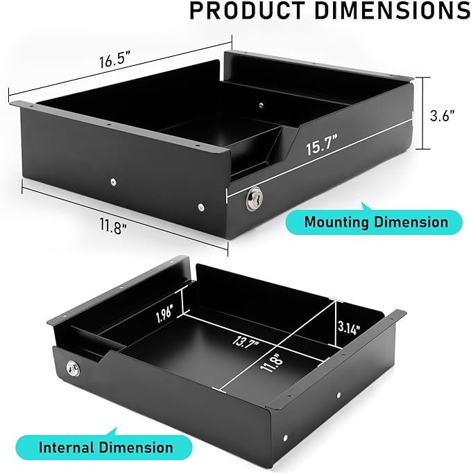 Under Desk Drawer with Lock, 16" W x 11.8" D x 6.3" H Slide Out Mounted Pull-Out Add On Drawer Lockable Storage Black