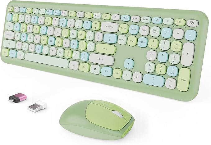 Wireless Keyboard and Mouse Combo, Colorful Ergonomic Full Size Retro Low-Noise Keyboard with Cute keycaps, Compatible with Windows, PC, Perfer for Home and Office Keyboards (Green)