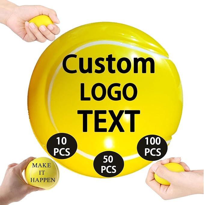 10/50/100 PCS Custom Stress Balls with Logo Text Personalized Stress Balls Bulk for Adults Relief Encouraging for Office,School,Events (Tennis Stress Ball)