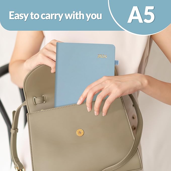 SUNEE 2026 Weekly & Monthly Hardcover Planner 5.5" x 8.3" - 12 Month (January 2026 - December 2026), Small Hardcover Planner, Pocket, Notes, 100 GSM Paper, Gray Blue